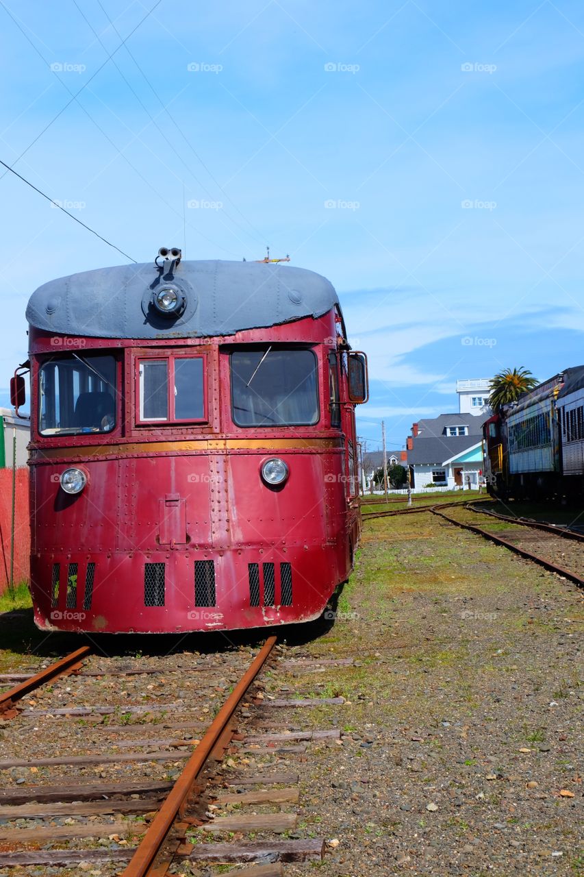 Bright red train engine