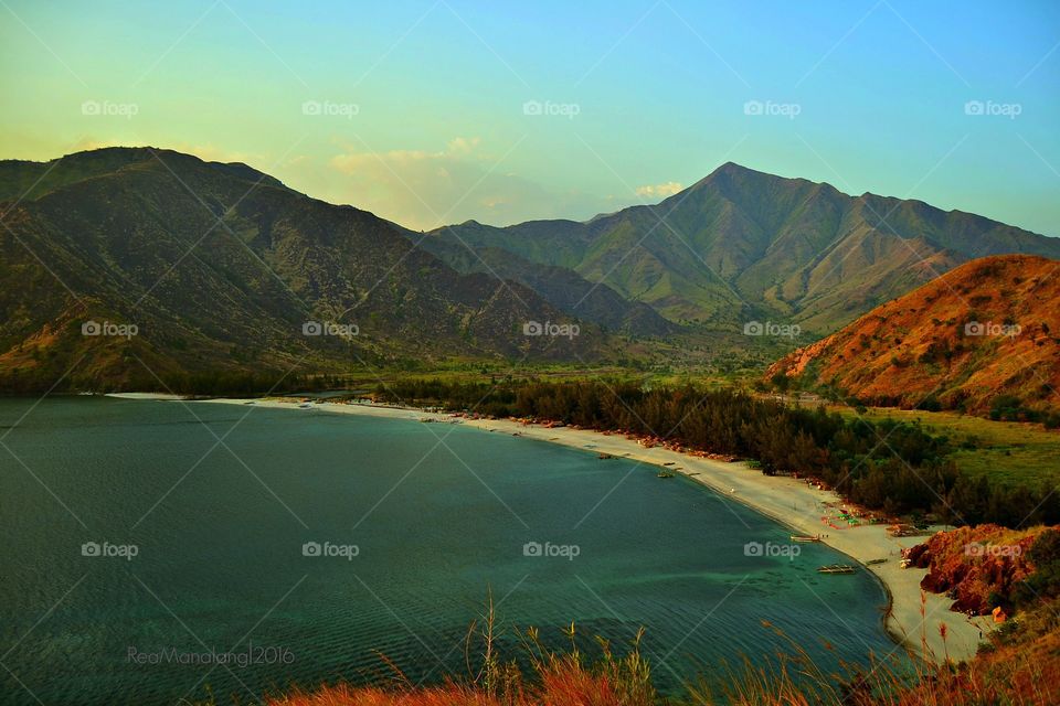 Overlooking view of sea over mountains