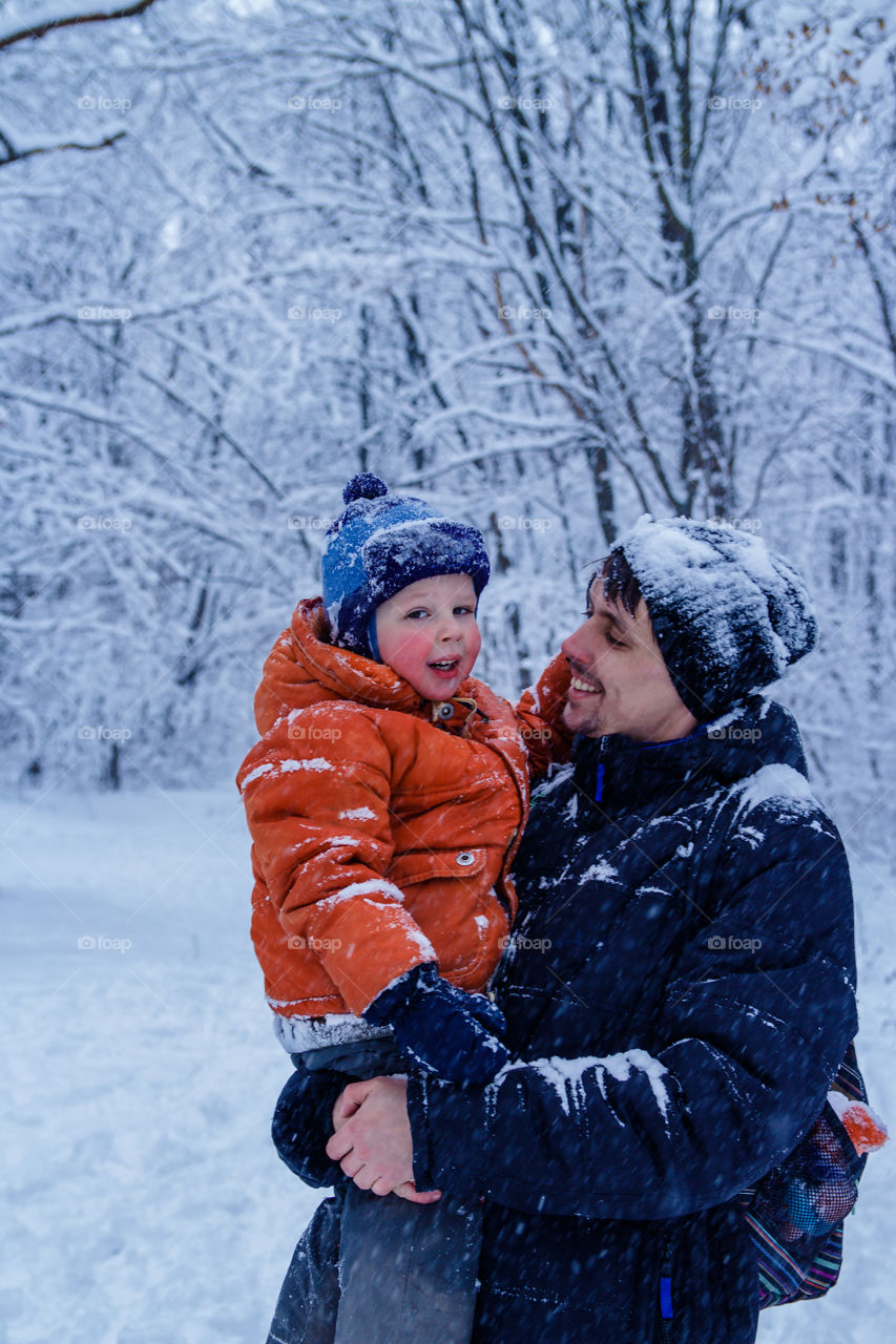 Men and boy in winter, dad, father, son