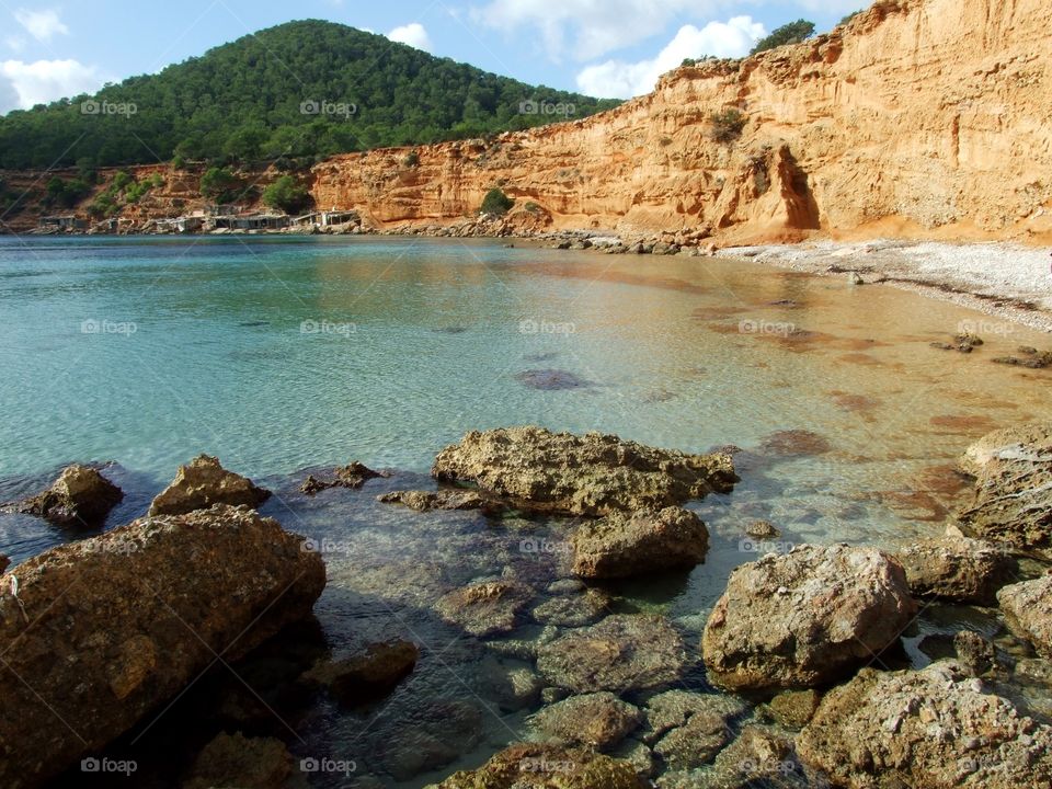Sa Caleta beach in Ibiza, Spain. Landscape of Sa Caleta beach
