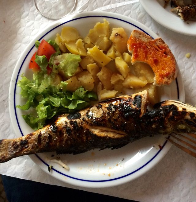 Fish, potatoes and salad