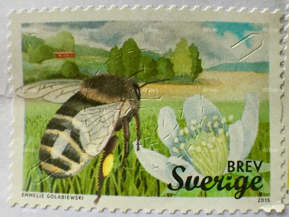 Swedish stamp showing a bee in a field