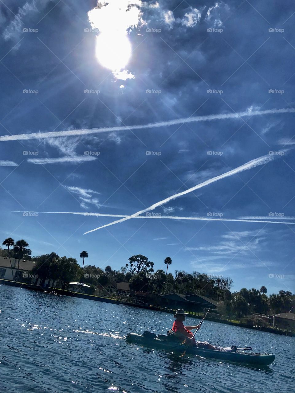 The “ x” in the sky marks the paddling spot in the river 