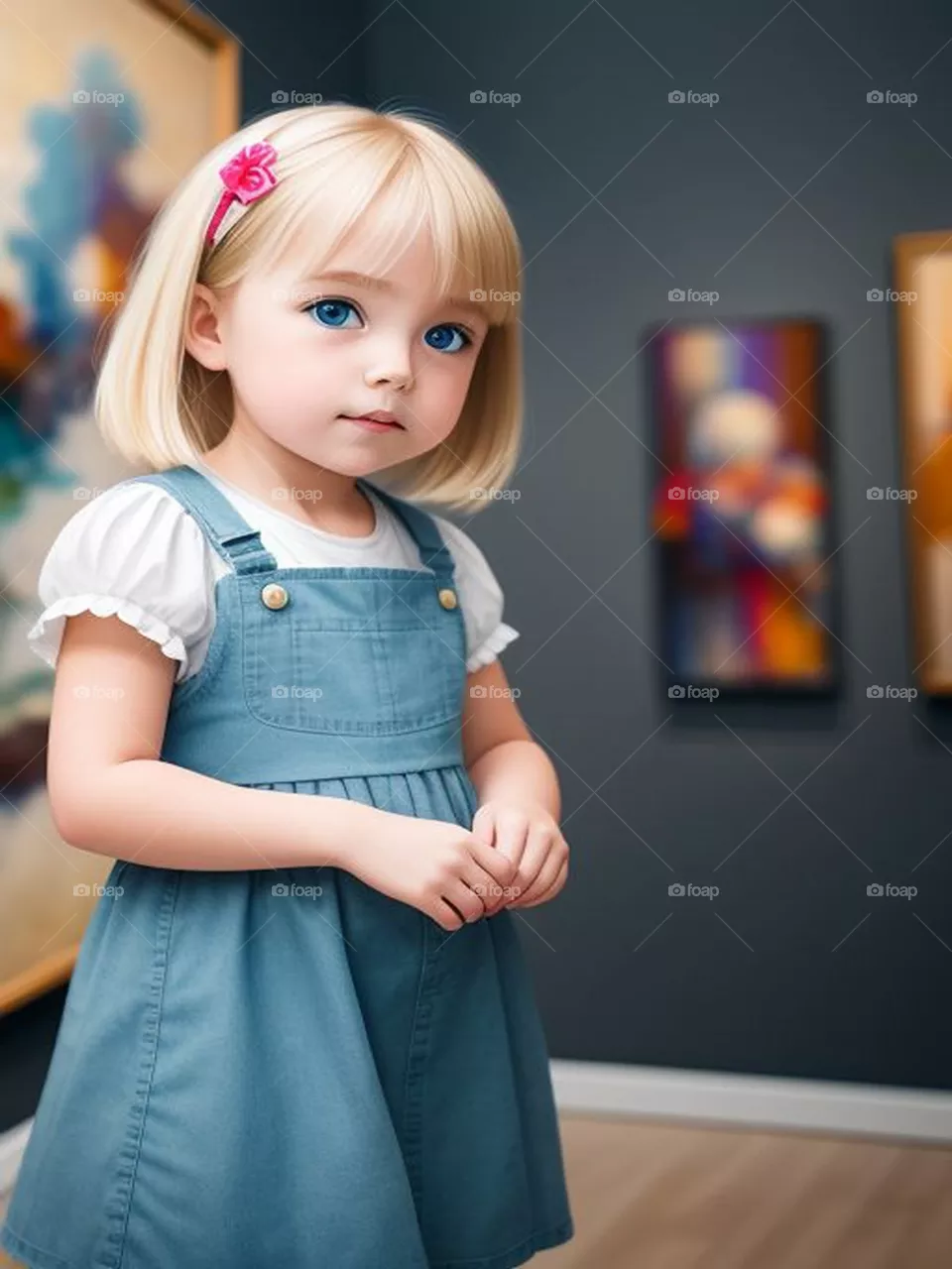 Beautiful blonde girl with artistic paintings