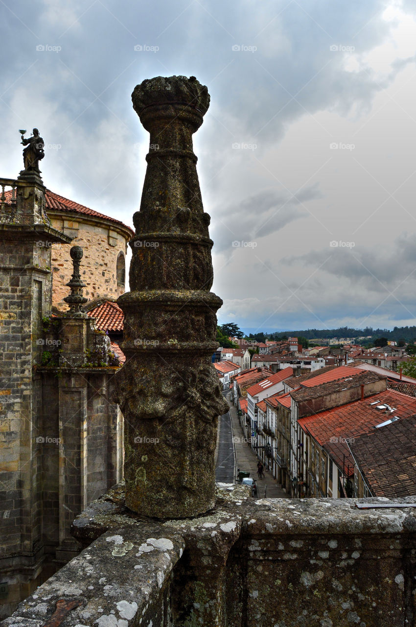 View of Huertas Street and Church of St. Frutuoso from Hostal dos Reis Católicos, Galicia, Spain.