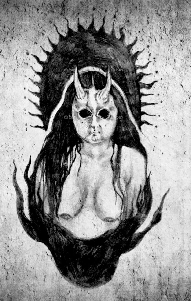 Drawing of devilish female, potential for album cover.