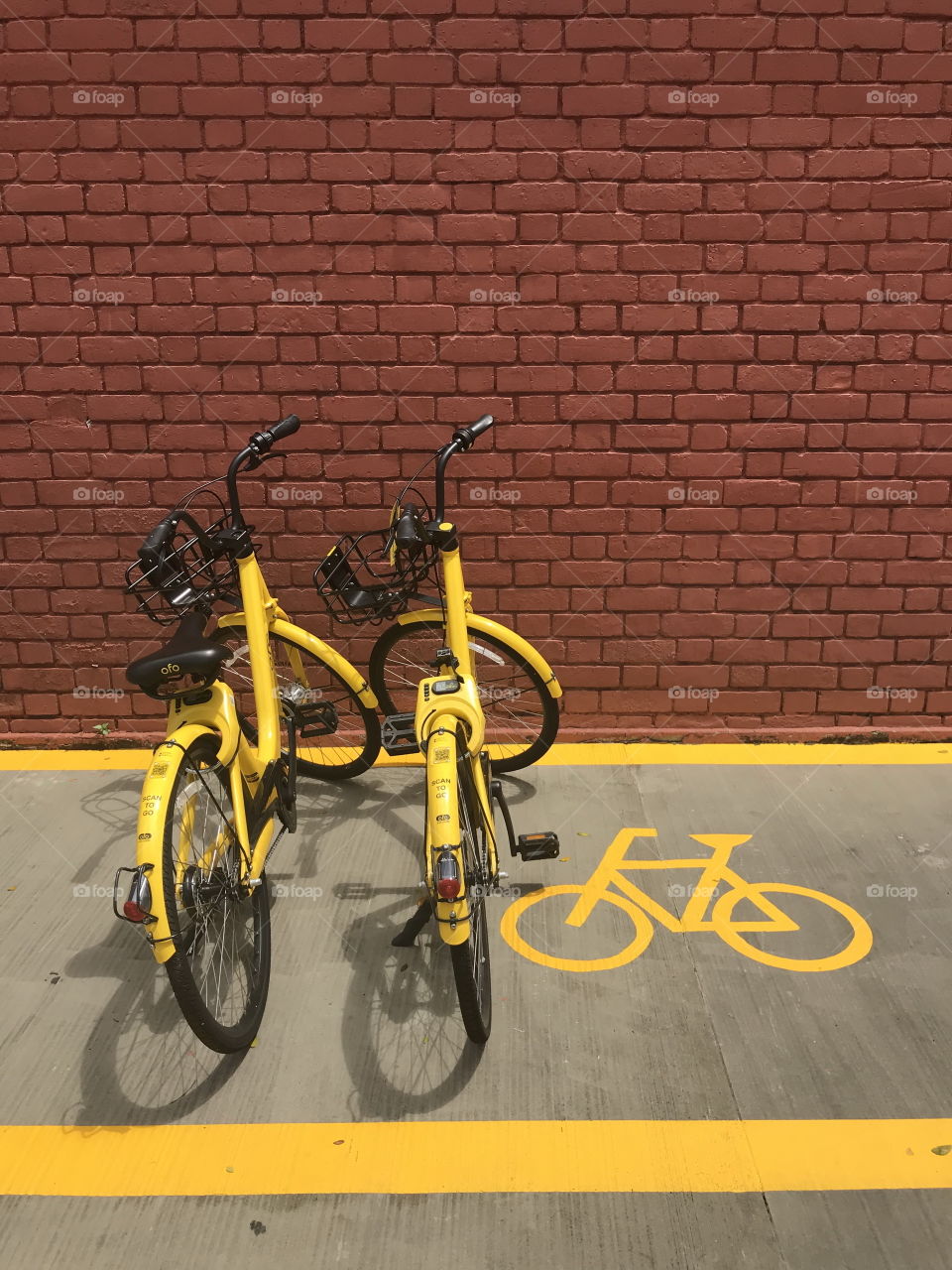 rental by application two of "ofo" brand bicycles parking in parking lot in front of Everton Park building, Singapore