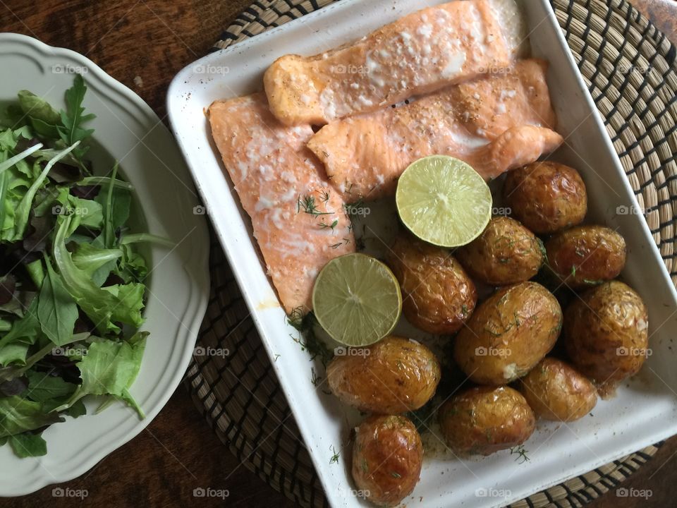 Salmon and potatoes straight from the oven 