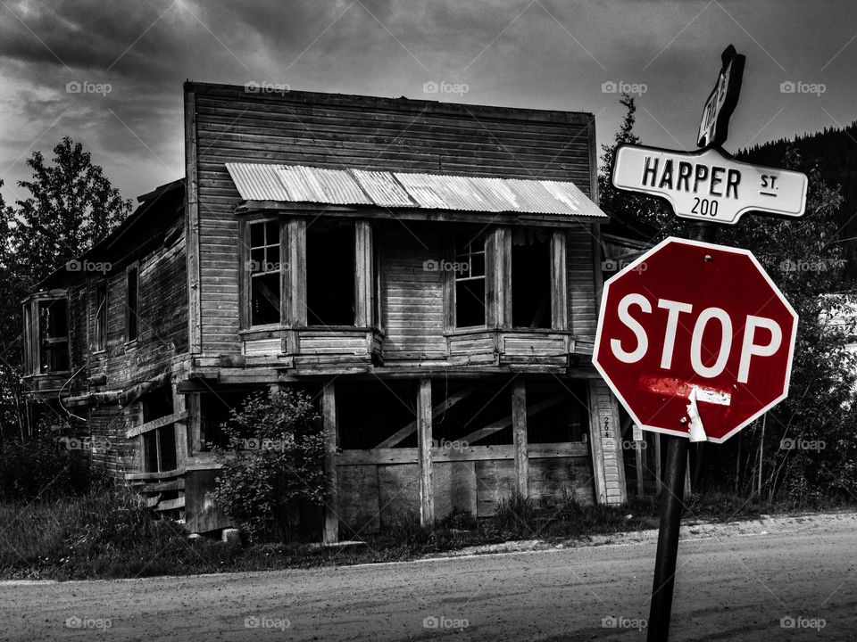 An abandoned l, wooden building in Dawson City, Yukon Territory 