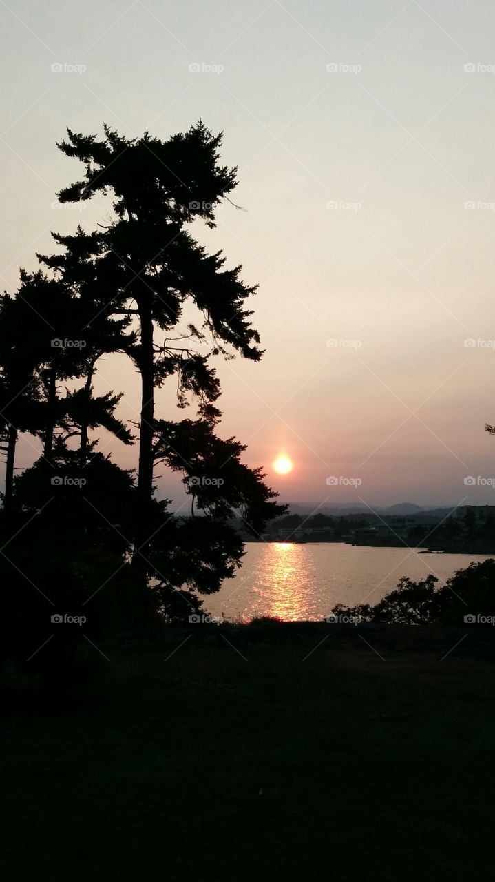 Sunset in Saxe Point Park. Forest Fire smoke in Victoria BC makes for pretty sunsets