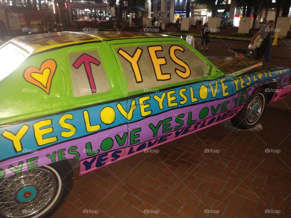 "Love Wins" Rainbow Painted Art Car in Downtown Portland, OR.