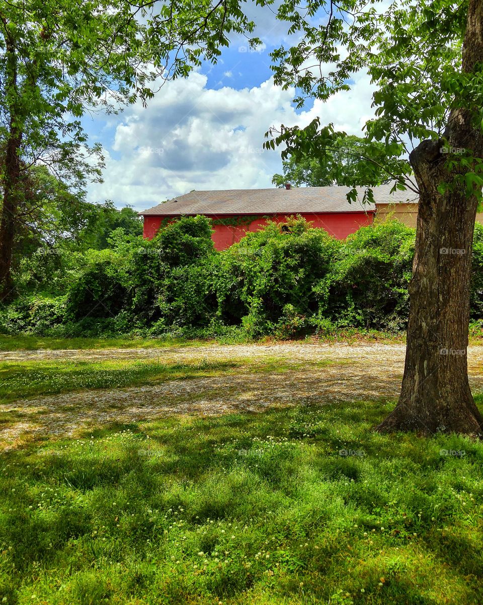 shady glen with old red building