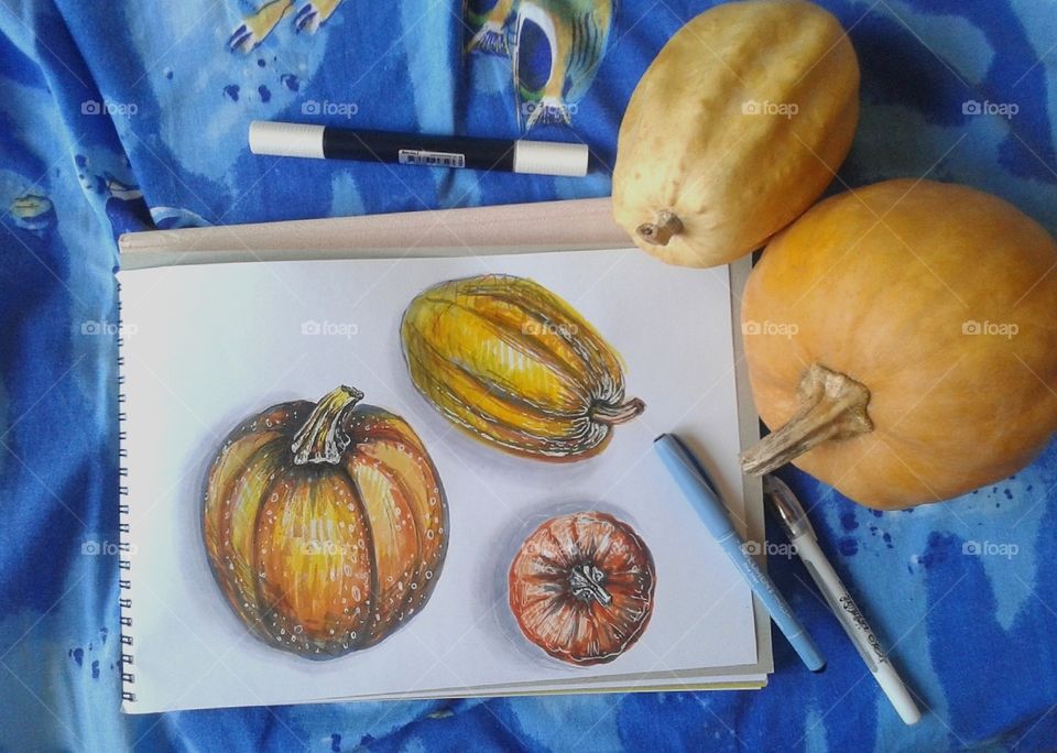 Pumpkin sketching flatlay sketchbook