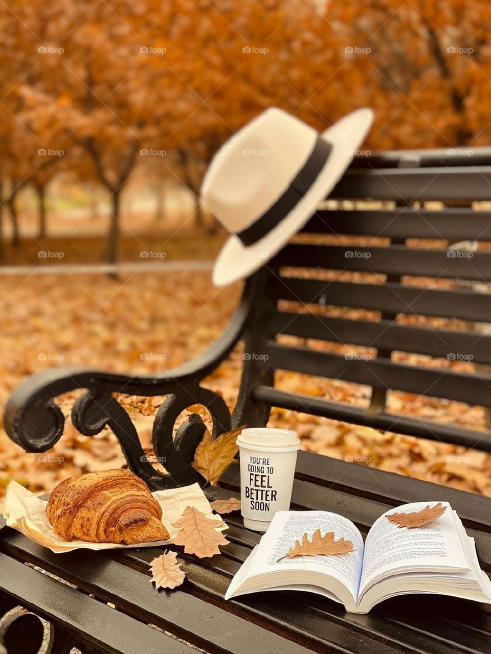 Enjoying my  Cafee and Croissant in the orange, colorful nature of the Fall...