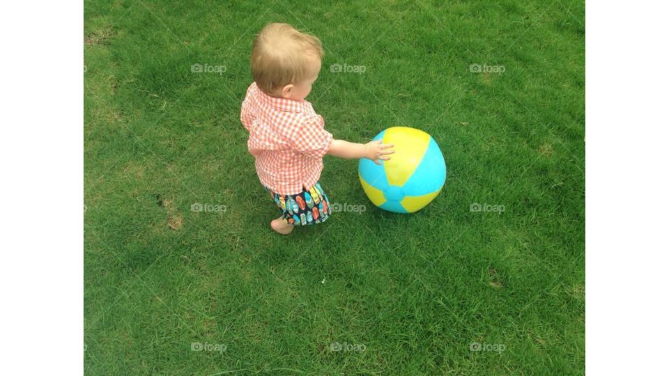 A toddler boy rolls his yellow and blue beach ball across the green grass outside. He is wearing an orange and white shirt with surfboard shorts. He is barefoot. 