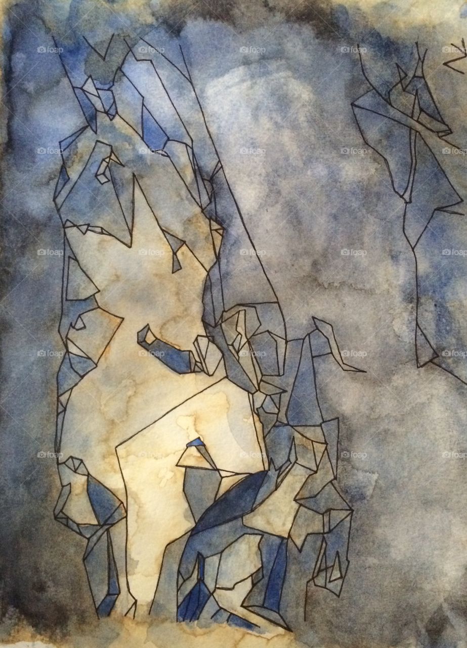 Dreaming in Blue is an abstract painting in watercolor, ink and coffee.  