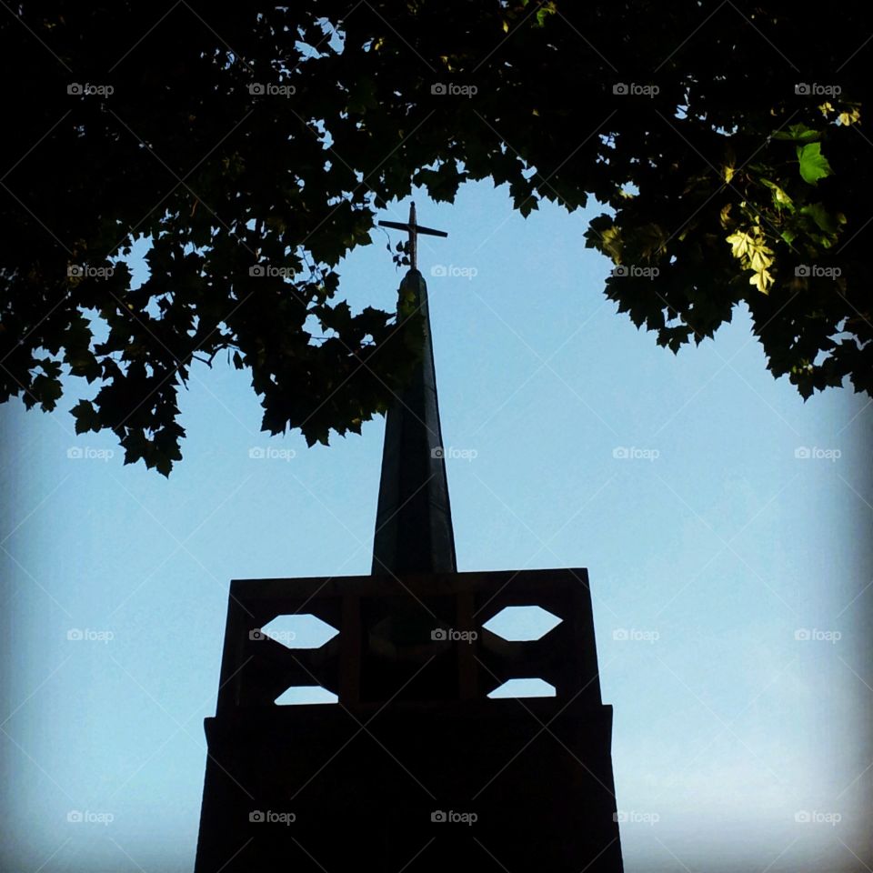 Church tower in silhouette