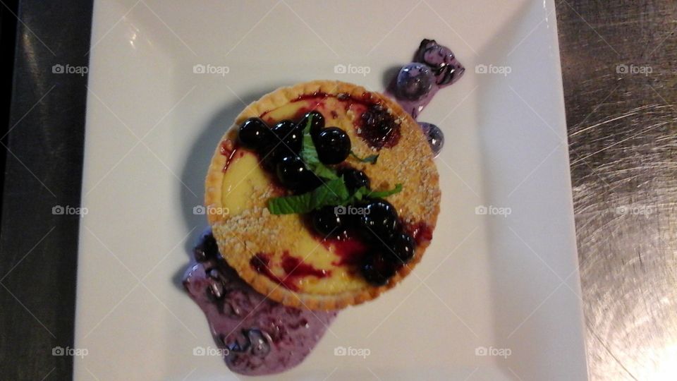 Maxs summer keylime tart. keylime tart, creme fresh w/ blueberry, blueberry, and mint