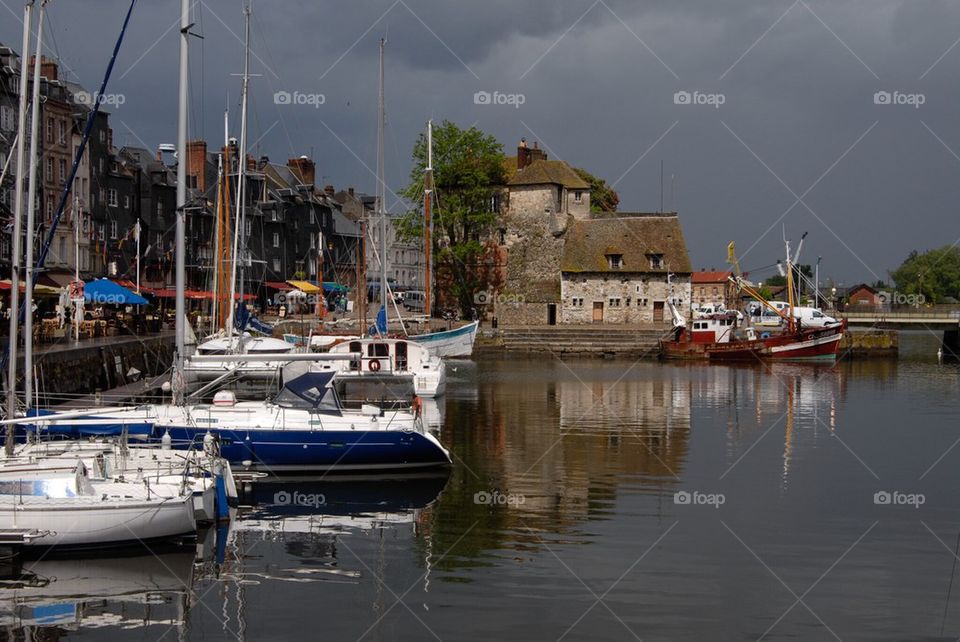 Honfleur Harbor rainstorm
