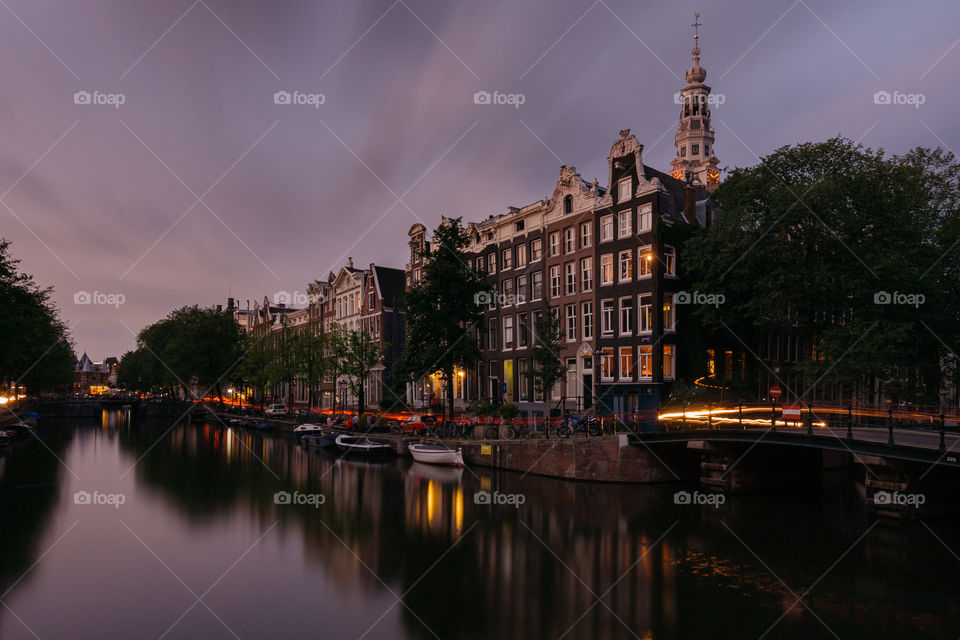 Night in Amsterdam. Beautiful buildings late evening in Amsterdam