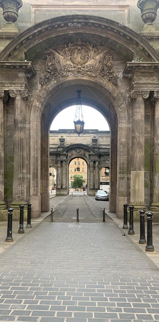 View through the arch of an ancient architectural building