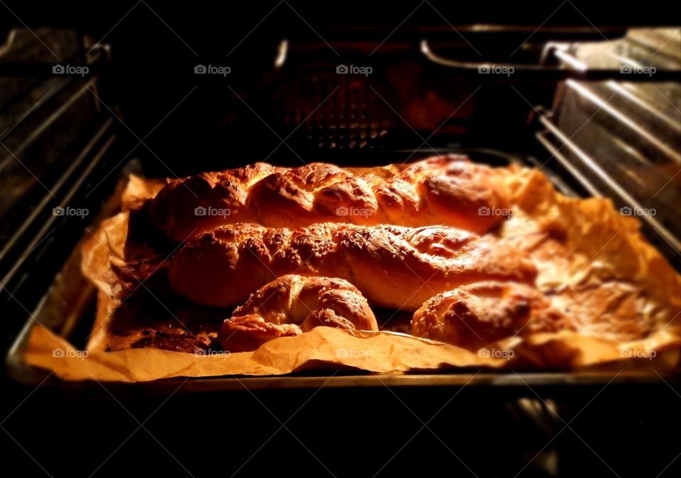 home made yeast challah in the oven