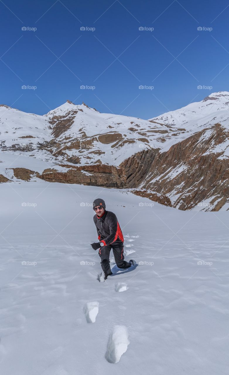 having fun in knee dip snow in winter