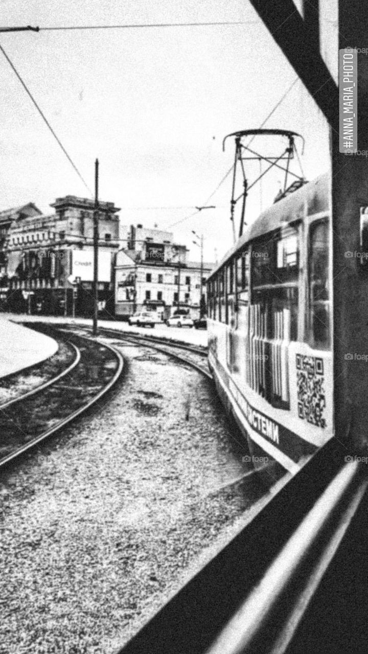 tram, retro photo, black and white photo, old town 