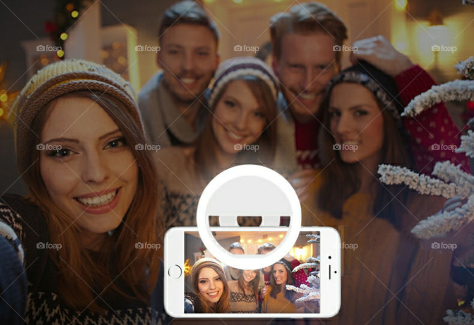 Group Selfie Photo Friends Bonding Using Cellphone Camera Gloue Light