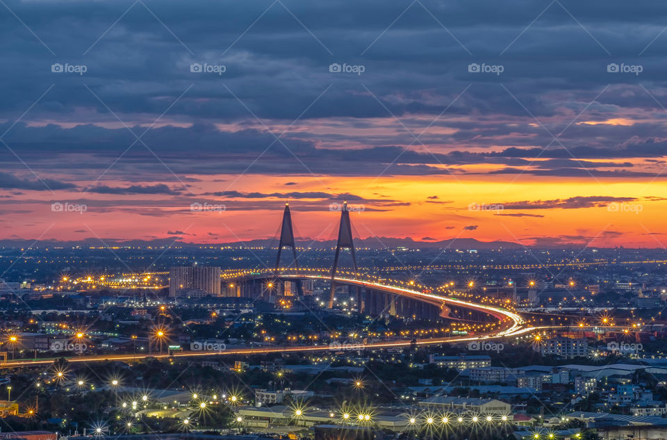 Beautiful scene of the famous landmark Bhumibol bridge in Bangkok Thailand