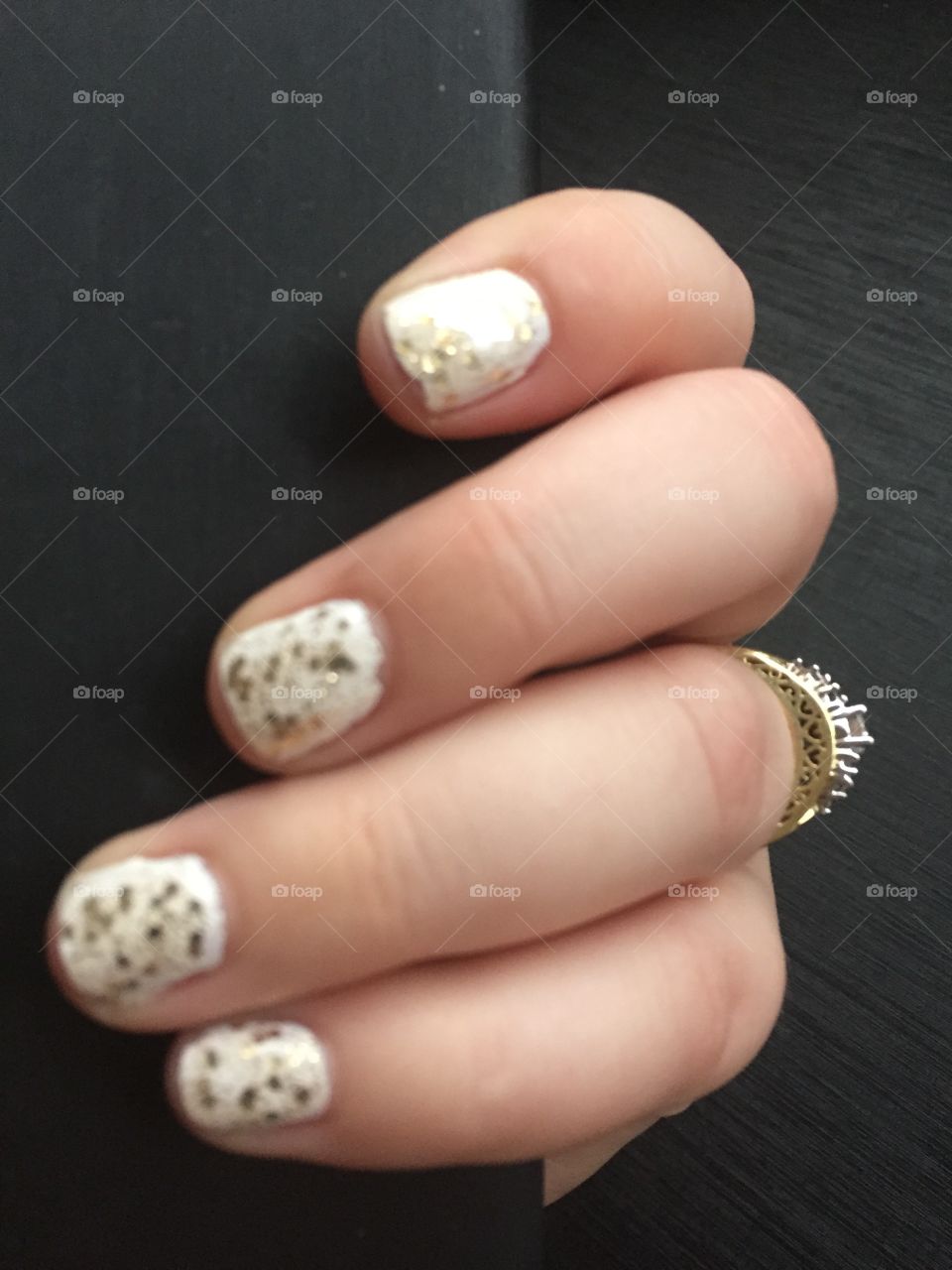 Engagement ring glitter nail art white and gold bridal