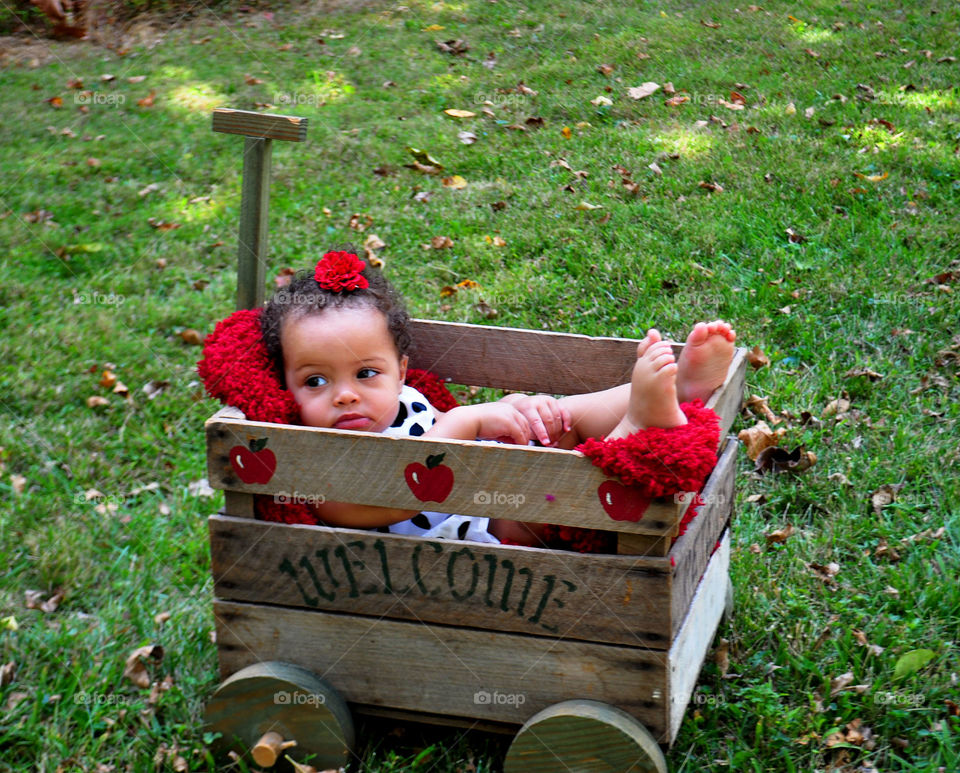 Cute girl sitting in wooden cart