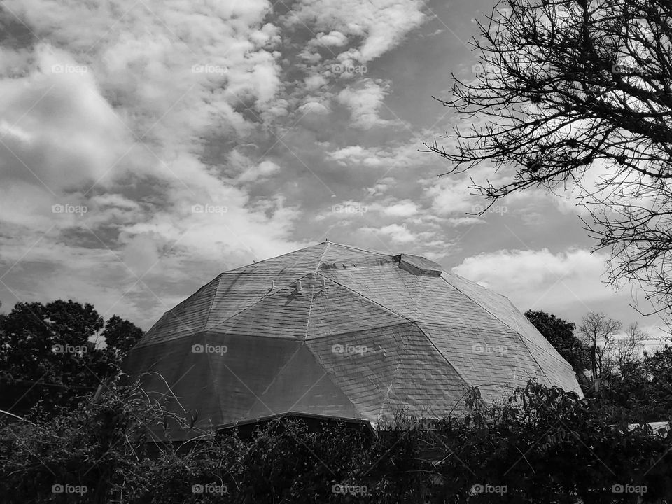 Geodesic dome in black and white.