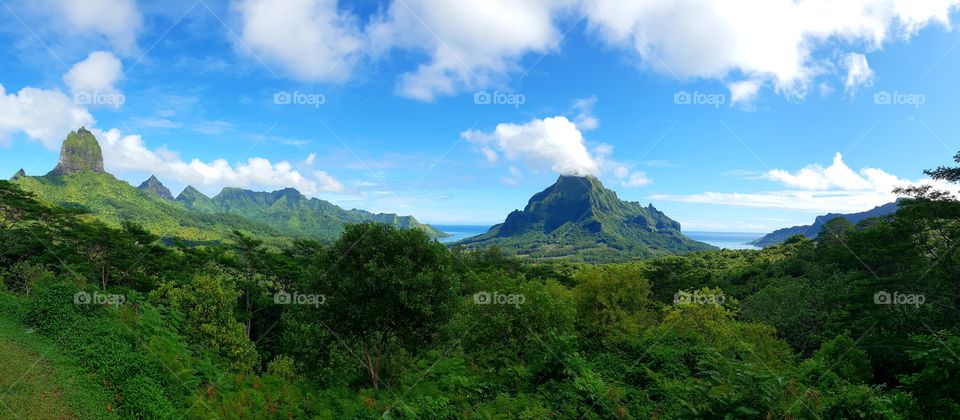 French Polinesia island , panoramic view on Moorea Mountains
