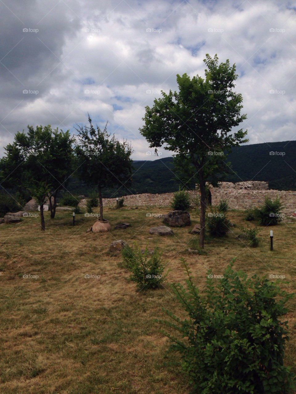 Clay jar and artifacts in Peristera fortress  in Bulgaria - Ancient and Medieval archaeological monument in Peshtera, Bulgaria.