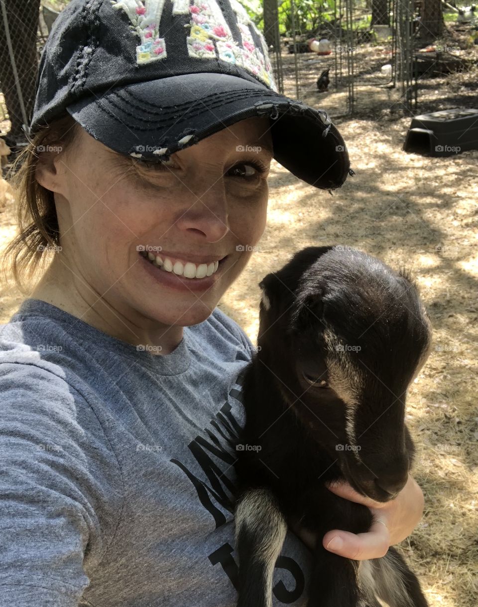 Adorable baby goat being loved 