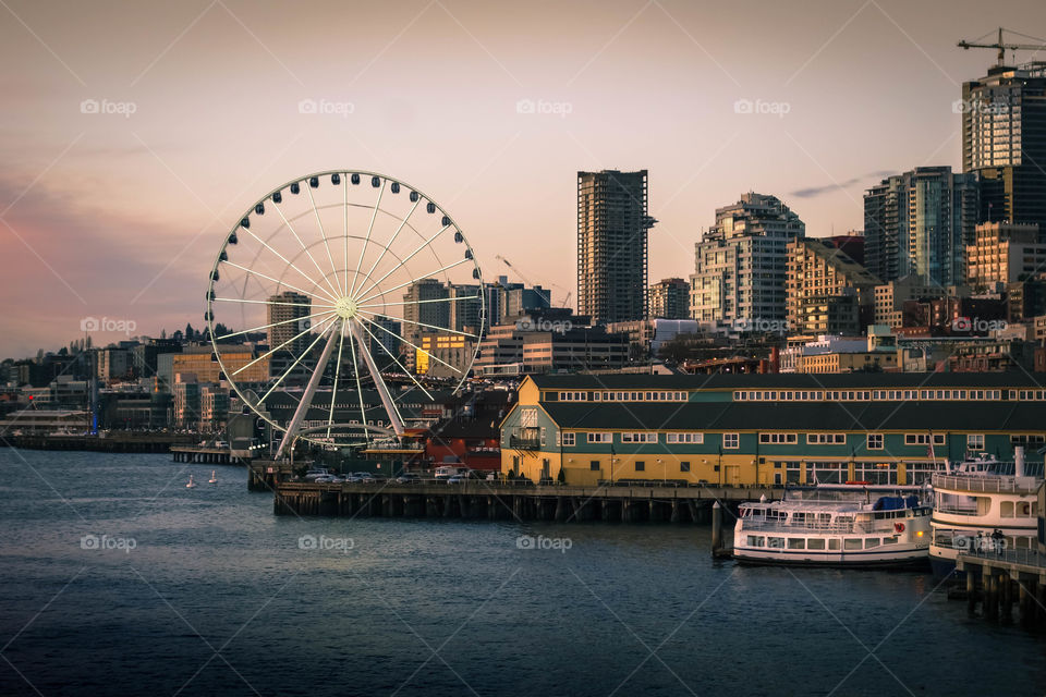View of Seattle skyline with ferris wheel