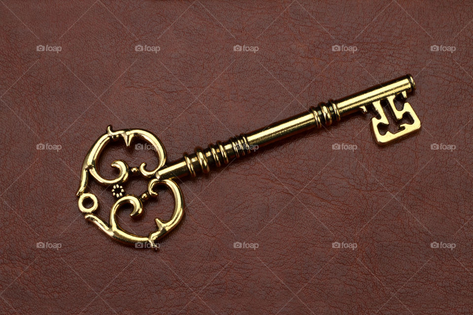 Vintage old retro golden key on leather background