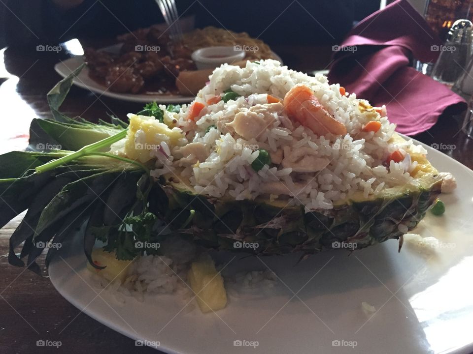 Sweet Pineapple Chicken Boat. Ate this phenomenal dish at the local Asian bistro where I live.  It is too die for and my favorite dish of all time! 