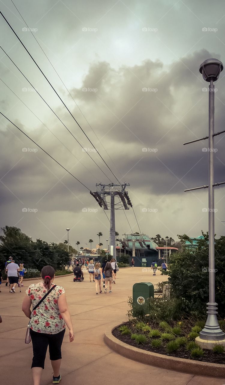 Storm is coming as we arrive at Hollywood Studios in Disney World.  Also shown, the new gondola that will take people from hotels to the parks and Epcot. 