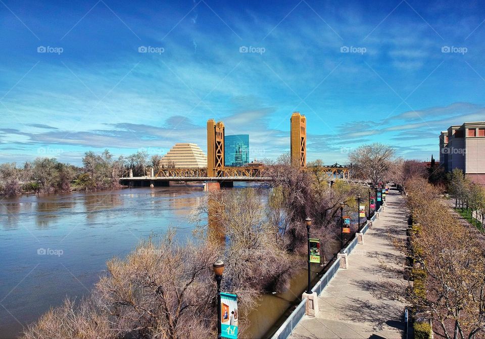 Aerial view photography of a riverfront in the city of Sacramento California