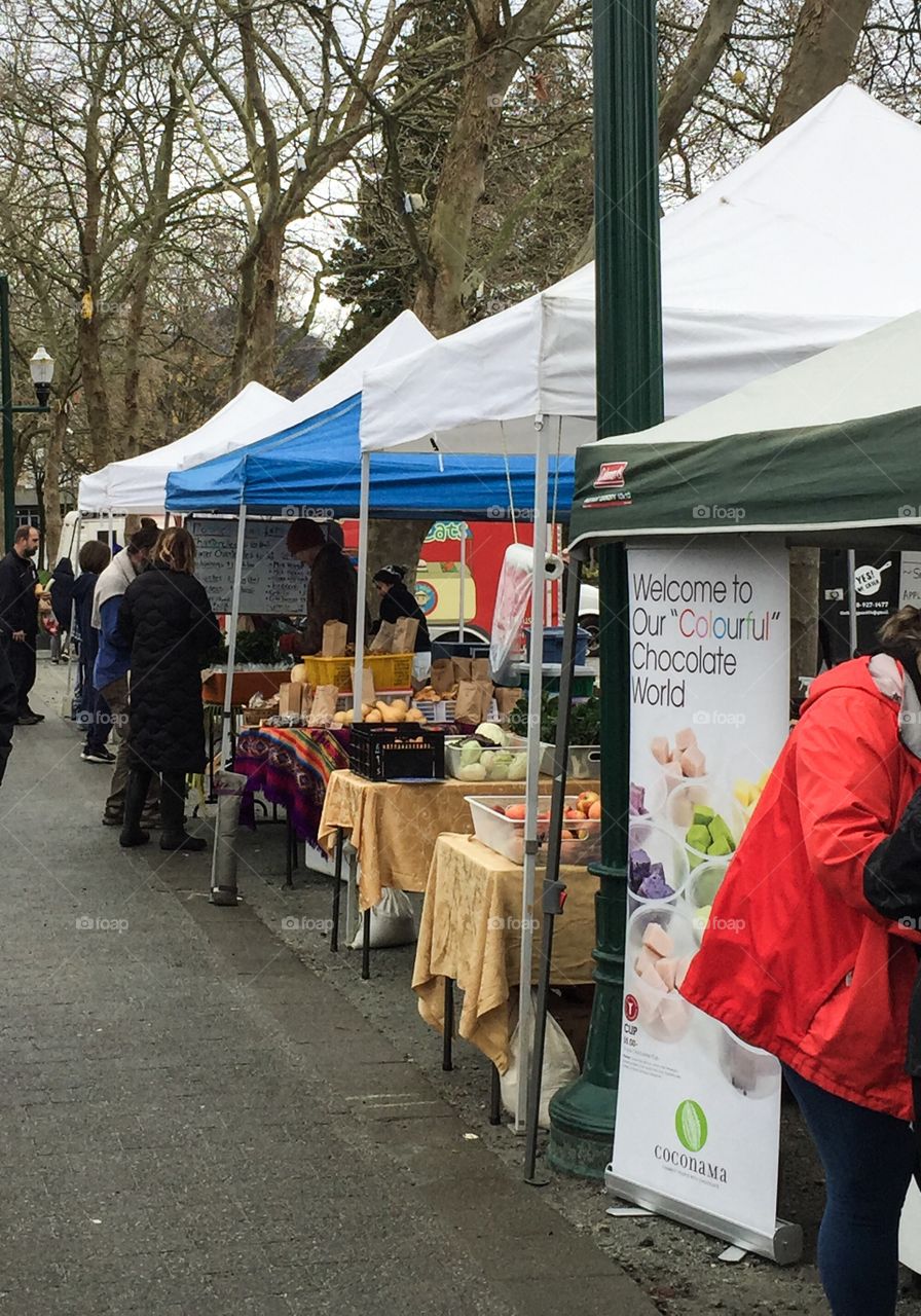 A Sunday rainy morning at the winter farmers market in Vancouver, British Columbia 