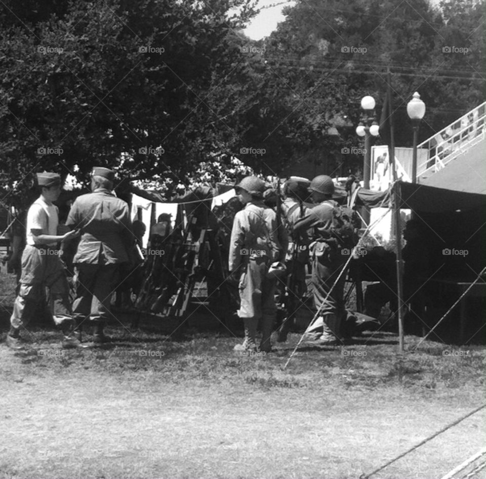 reenactments of 19 40's at San Jose, CA  history park in black and white