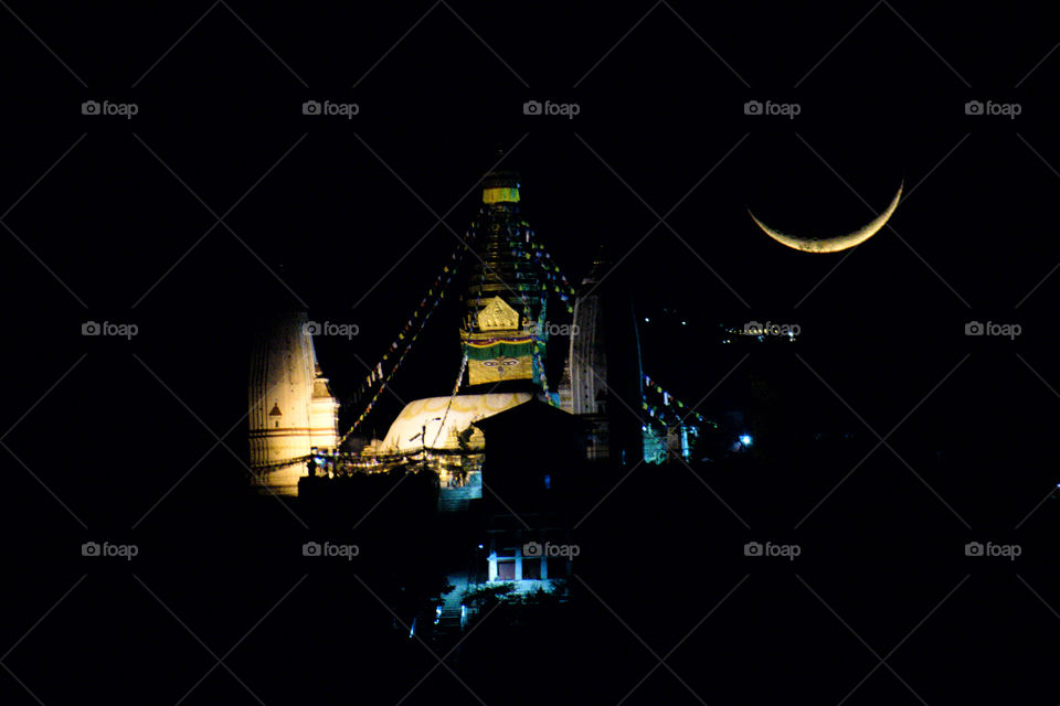 Buddha stupa and the crescent moon