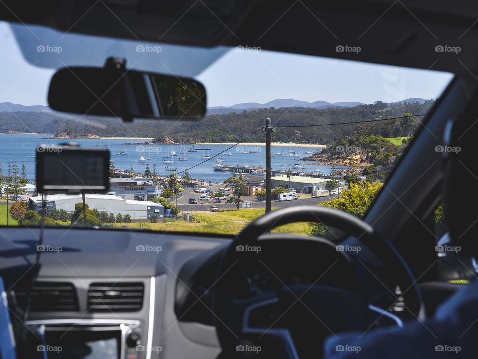 Brautiful Eden Australia  coastline as view from inside of our car