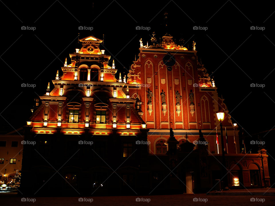 Architecture by night in Riga, Latvia.