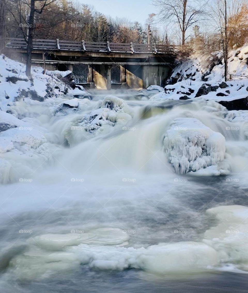 The Wakefield Mill winter waterfall.