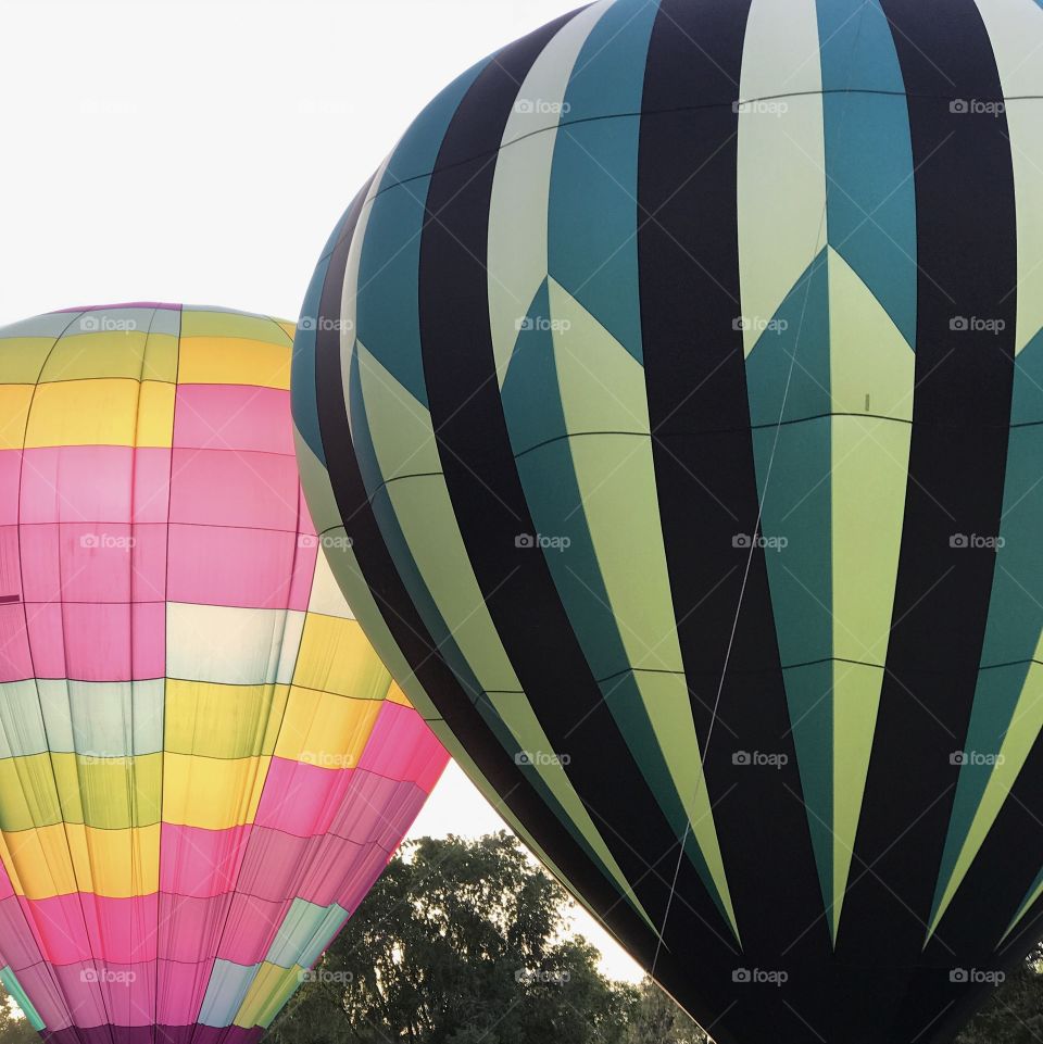 Contrasting hot air balloons ready to ascend at the 4th Annual Freedom Aloft Balloon Rally in Prineville in Central Oregon on a summer morning.