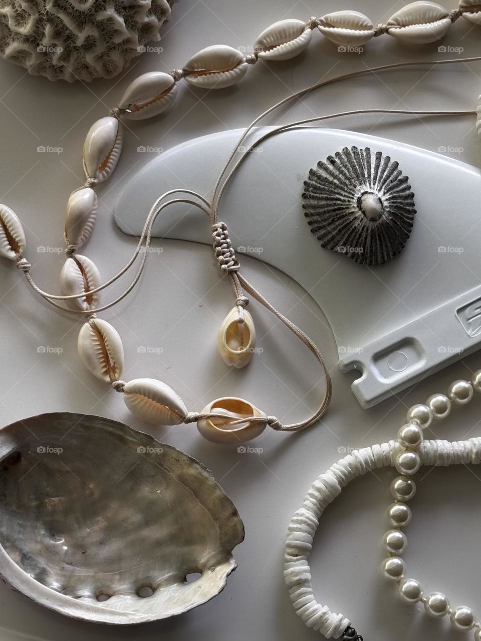 Cowrie shell necklace, faux pearl and puka shell necklaces with white plastic surfboard fin, brain coral, opinion and small abalone shell on white background