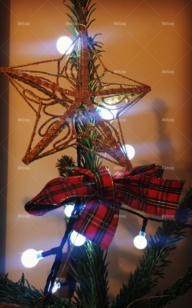 Star and ribbon atop the Christmas tree